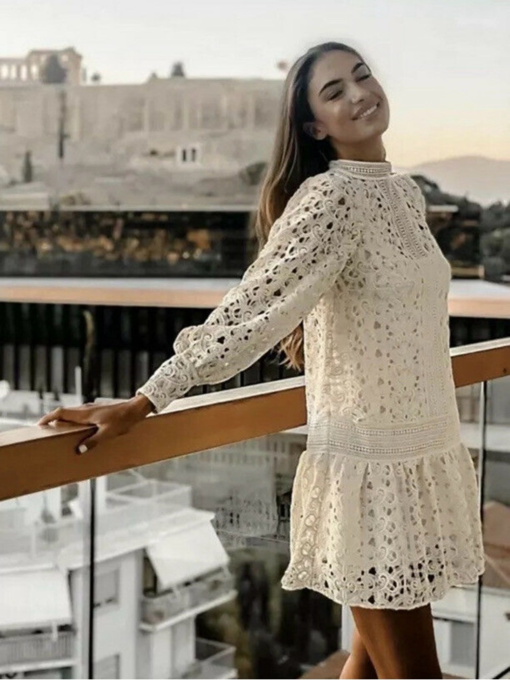 H&M Cream Crochet Long-Sleeve Mini Dress